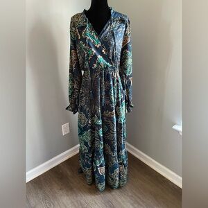 Anthropologie Boemo Royal Blue Paisley Ruffles Tasseled Tiered Maxi Dress